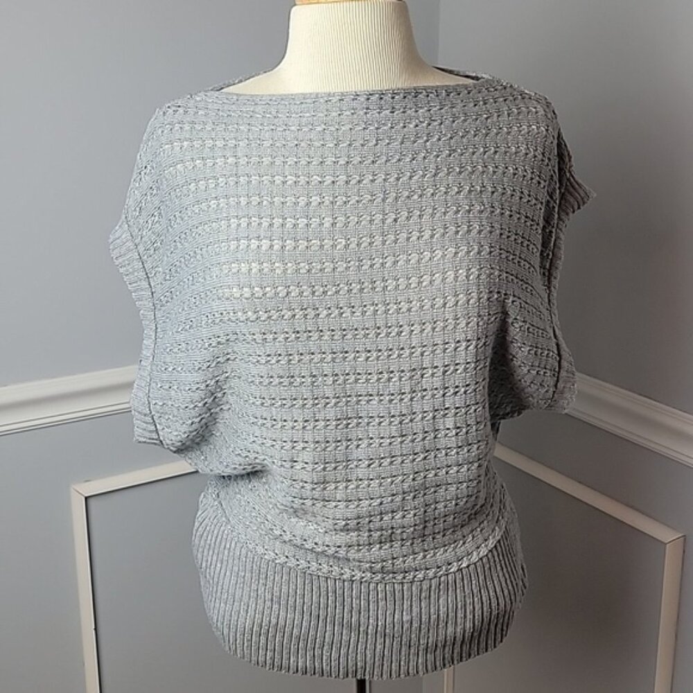 PINK ROSE Gray Pointelle Knit Boat Neck Ribbed Boho Dolman Sleeve Sweater Vest M